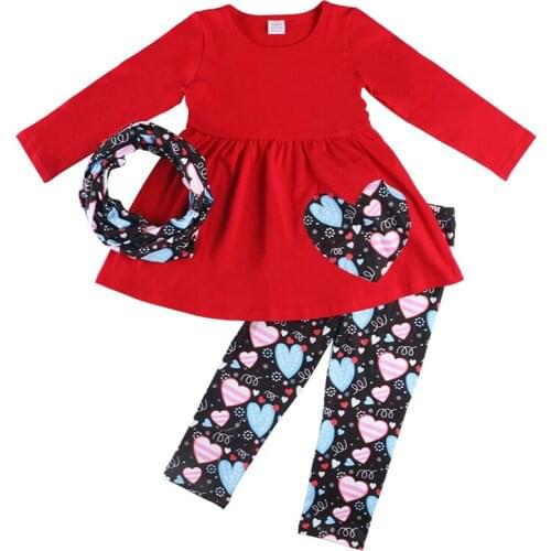 Kaiya Angel 3pcs Children Girls Valentines day Outfits Red Skirt Long Sleeve Top With Heart Print Scarf Pants Wholesale Clothes