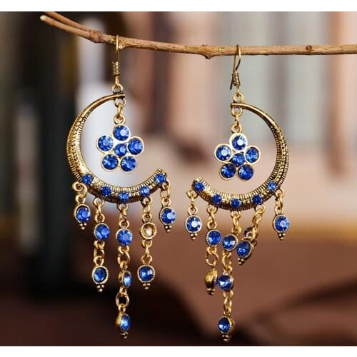 Ethnic Womens Red Flower Bohemian Earrings Vintgae Moon Alloy Beaded Gypsy Jhumka Earrings Oorbellen Hangers Ethnic