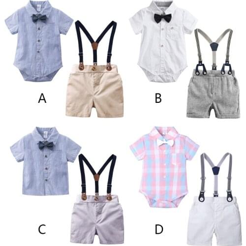 Summer Baby Boy Clothes Set Casual Short Sleeve Striped Plaid Romper & T-shirt Tops Strap Shorts Outfits Set