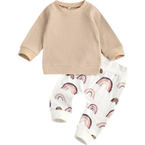 Newborn Baby Girls Boys Rainbow Clothes Sets 2pcs Autumn Solid Long Sleeve Pullover Tops Trousers Autumn Outfits