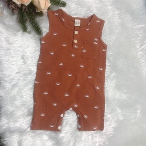 FOCUSNORM 0-18M Cute Baby Girls Boys Rompers 2 Colors Pattern Printed Sleeveless Button Jumpsuits
