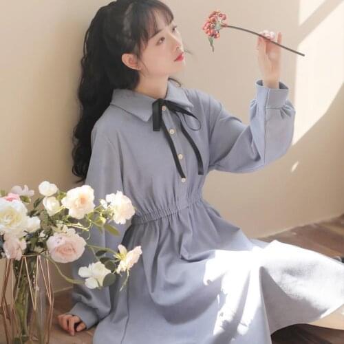 Japanese Sweet Lolita Dress Women Preppy Style Harajuku Lace-Up Bow Long Sleeve Shirt Dresses Girls Student Kawaii Party Dress