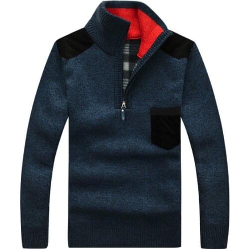 Winter Mens Turtleneck Sweater Half Zip Fleece Knitted Wool Pullover Long Sleeve Pocket Casual Male Thick Clothing for Autumn