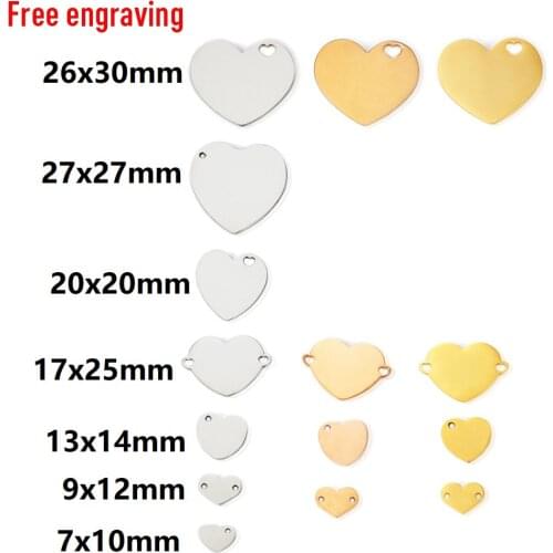 MYLONGINGCHARM 30pcs Custom for you Engravable Heart beads Heart Charms for Bracelet Heart Necklace Pendant steel gold color
