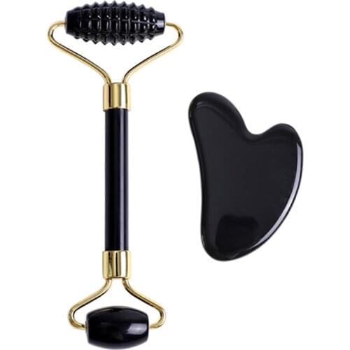 Natural Obsidian Jade Roller set Massage Relaxation Tool Gua Sha Scraper Massager Healthcare Gift Slimming Beauty Neck Thin