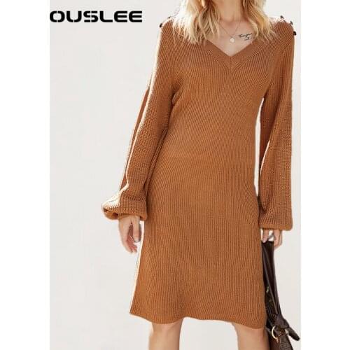 OUSLEE Autumn Winter Sweater Dress Women Puff Sleeve Slim Turtleneck Solid Slim Knitted Sweaters Oversized V Neck Female Dresses