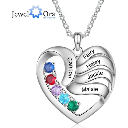 JewelOra Personalized Heart Necklace with 2-5 Names Customized Birthstone Fashion Jewelry Memorial Gift for Mother Children