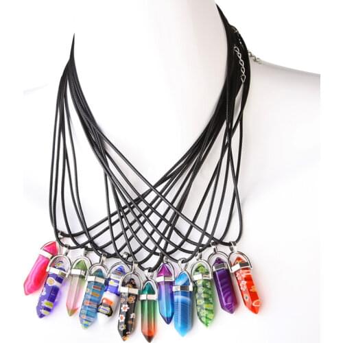 Natural Stone Pendant Necklace Crystal Hexagonal Pointed Reiki Chakra Healing Pendants Charms Rope Chain Necklace Women Girls