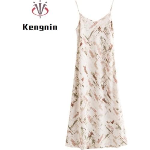 Sexy Women Spaghetti Straps 2021 Summer A-Line Ladies Vestidos Sleeveless Dress V-Neck Print Female Chiffon Camisole KE1112