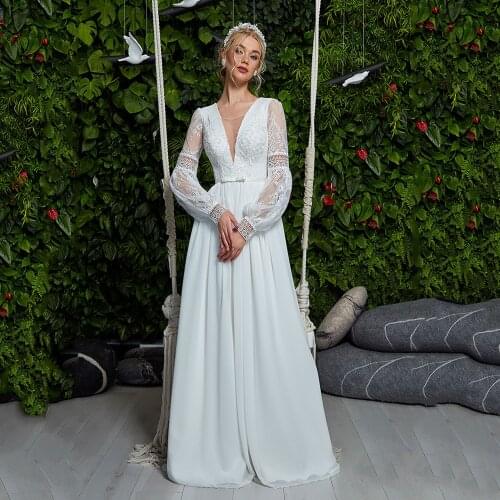 Sexy Long Sleeves Wedding Dress Vintage Bridal Dresses 2021 Bohemian Lace A Line Cheap Beach Wedding Gowns Vestidos