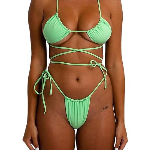 Sexy Brazilian Thong Bikini Mujer Swimwear Women2021 Bandage Solid Swimsuit Micro Bikinis Set Summer Beachwear Swim Suit