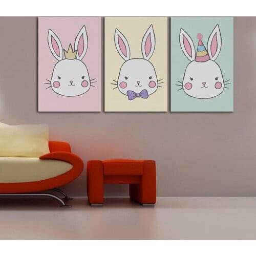Nordic Simple Cartoon White Rabbit Animal Triptych Canvas Painting Unframed Wall Art Poster and Prints Children Room Decoration
