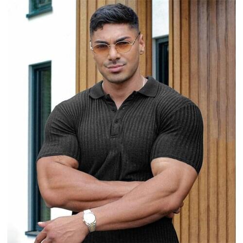 Knitted Short Sleeve Polo Shirt Mens Fitness Slim Fit Black Strips Polo T-shirt Male Brand Fashion Tees Tops Summer Gym Clothing