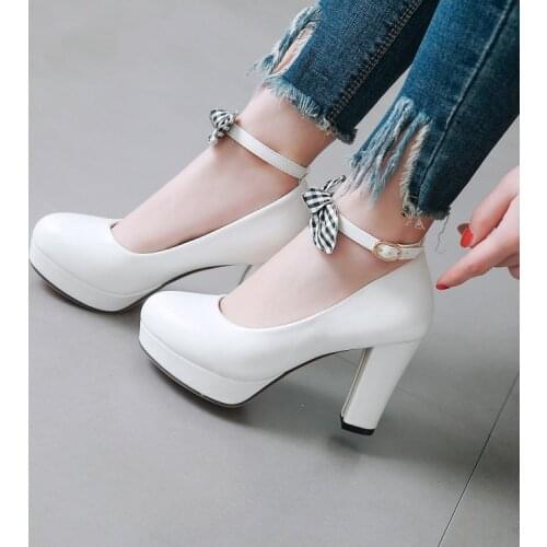 PXELENA Elegant Ladies High Heel Shoes 2019 Spring Women Pumps Plaid Bowknot Round Toe Ankle Strap Party Date Dress White Pink