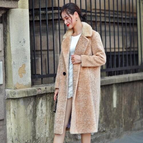 2020 Women Real Fur Coat Natural Mink Fur Collar Winter Thick Warm Jacket Lamb Fur Coats Genuine Sheep Overcoat WYQ944