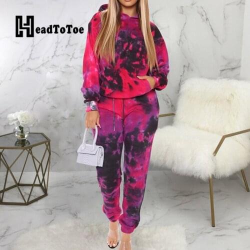 Tie Dye Print Pocket Drawstring Casual Sporty 2 Piece Set Women Full Sleeve Hooded Loose Pleated Two Piece Outfits Woman