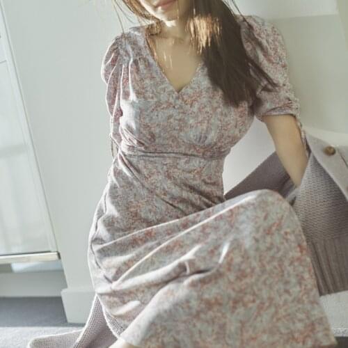 Chic Bandage Slim Waist Print Dresses for Women Sweet V Neck Puff Short Sleeve Vestidos Japan Style Temperament Femme Robe