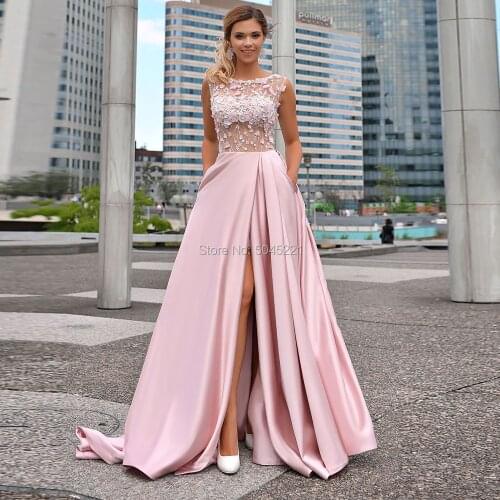 Princess Long Split Side Evening Dresses For Dubai Arabic 2020 Robe De Soiree Beading Flower Prom Dress Satin Party Gown Kaftans