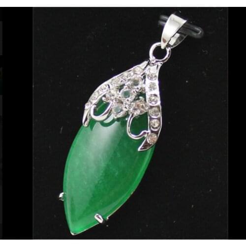 Womens fashion silver plated metal micro inlaid white diamond Accessories + long water drop green Malay Jade Pendant Necklace