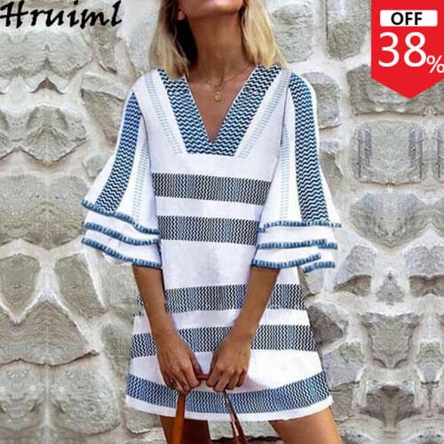 Wholesale Female Dress Half Sleeve V Neck Striped Patchwork Chic Dress for Women Fashion Simple Style Elegant Club Mini Dress
