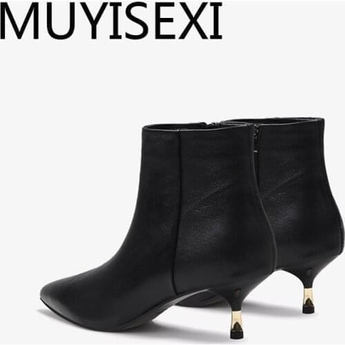 Pointed toe zipper genuine leather 4.5cm low heel ankle boots solid office lady keep warm fashion winter shoes HL275 MUYISEXI