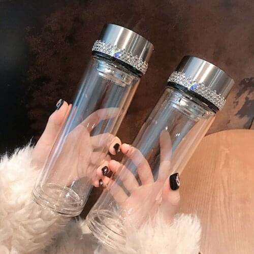 Drilling glass water bottle anti scalding double wall tea bottle with brewage filter portable office transparent drinking bottle
