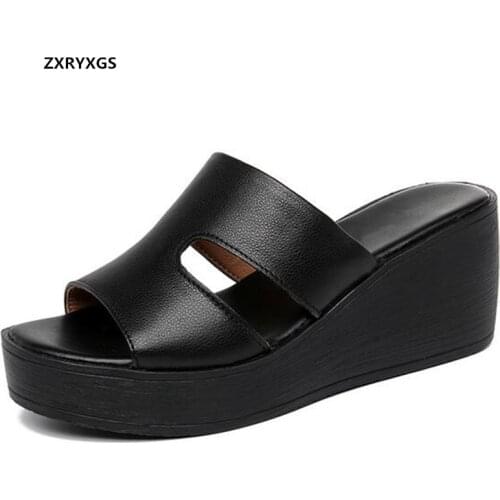 Elegant Comfortable Genuine Leather Shoes Woman Slippers Sandals 2021 New Platform Shoes Wedges Sandals Slippers Women Sandals