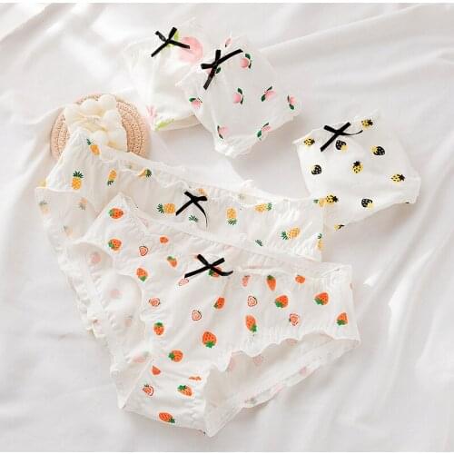 Women Fruit Stripe Print Briefs Cotton Ruffles Panties Underwear Oversize Underpants Girl Cartoon Cute Soft Plus Size Panty Bow