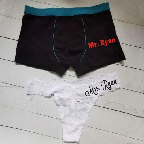 Personalized mr and mrs underwear set Gift for newly weds Letter Print Wedding Bride Lace Briefs Matching Groom mens boxers