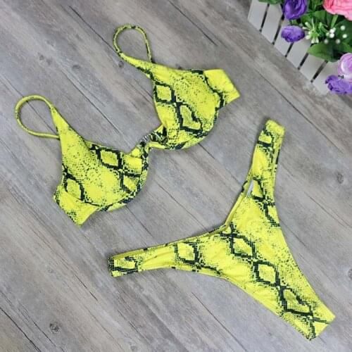 New Yellow Snake Print Bikini Sexy Deep V-neck Micro Swimsuit Female Bathing suit Push up Swimwear Women