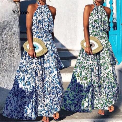 Fashion Halter Long Dress Womens Hot Summer Robe New Style Bohemia Printing Loose Dresses Women Elegant Outfits Beach Clothing