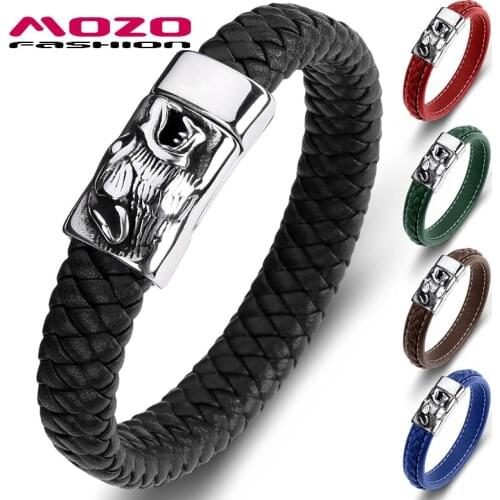 MOZO FASHION New Dragon Genuine Leather Stainless Steel Magnet Buckle Hip Hop Bracelet Handmade High Quality Men Jewelry 093