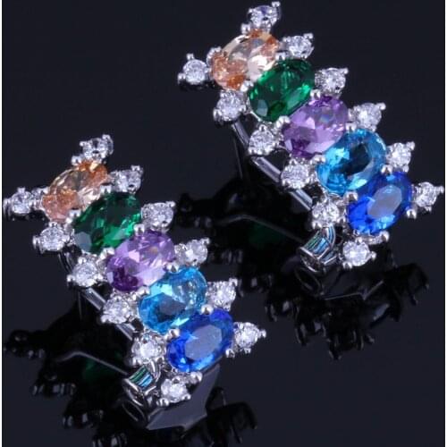 Heavenly Rectangle Multigem Multicolor Brown Cubic Zirconia Silver Plated Clip Hoop Huggie Earrings V0913