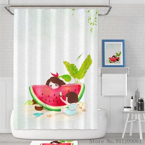 Cartoon Watermelon Print Waterproof and Mildew Proof Fabric Shower Shower Curtain Bathroom Partition Curtain Home Decoration