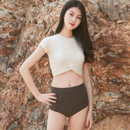 2020 Popular Korean Sexy Short-Sleeved Round Neck Tie Knot Split High Waist Shorts Small Fresh Swimsuit Pure Color Hot Spring