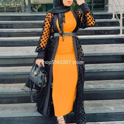 Ramadan Islamic Clothing Abaya Spring and african Muslim Clothes Polka Dot Perspective Cardigan Long Shawl Dress Hijab Caftan