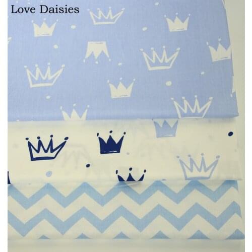 100% cotton twill nordic wind WHITE BLUE crown dots chevron fabric for kids DIY bedding sheet apparel handwork home decor sewing