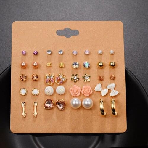 20 Pairs Of Stud Earrings Set Girls Trendy Owl Heart-shaped Jewelry Accessories Women Korean Elegant Small Pearl Flower Ladies