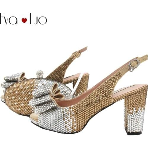 BS950 DHL Custom Handmade Gold Silver Crystal Bow Shoes with Matching Bags Set Slingbacks Block Heel Women Bridal wedding Shoes