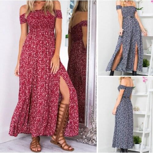 Bella Philosophy 2019 new summer womens off the shoulder slash neck belt flower floral print long dress red wine red blue