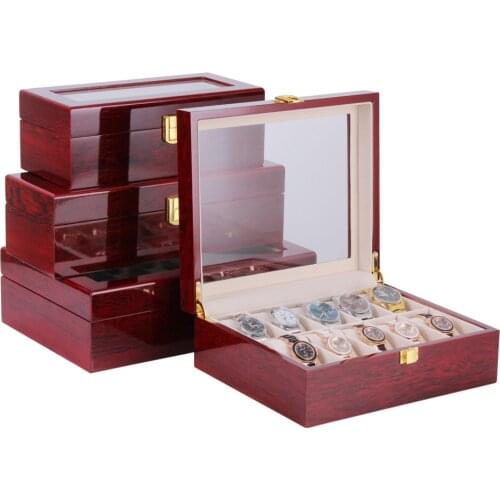 2/3/5/6/10/12 Slots Watch Box wooden watch case Watch Display Case Storage Organizer Large Glass Top Collector Storage Box Case