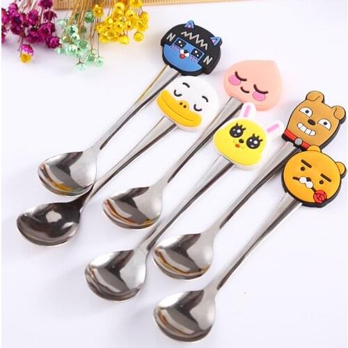 New 2pcs Silicone stainless steel spoon Cute creative Cartoon Flatware Stainless Steel child Tableware Creative Kitchen Tool