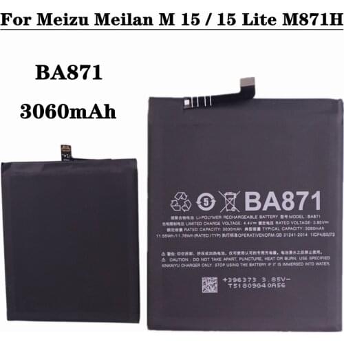 For Meizu Meilan M 15 / 15 Lite M871H Smartphone BA871 3060mAh Battery High Capacity Replacement Batteries