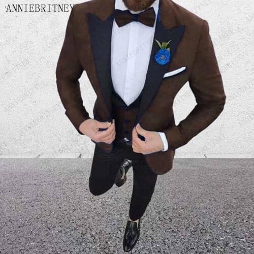 ANNIEBRITNEY 2019 Latest coat pants designs Brown men suit Slim fit elegant tuxedos Wedding business party dress 3 Pieces Set