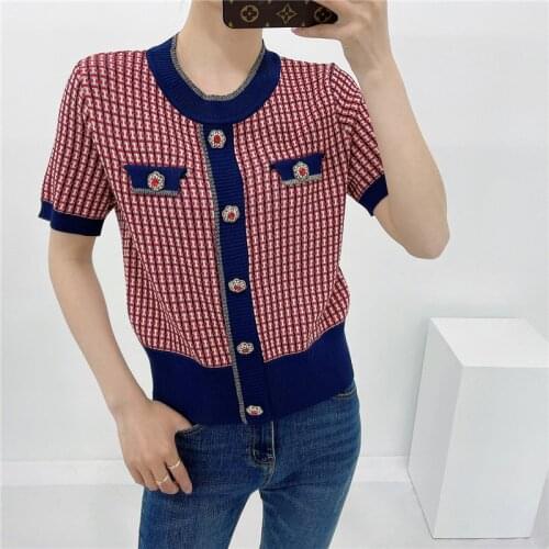 Fake Cardigan Plaid Pullover Crop Tops for Women 2021 Summer Knit Shirt O-Neck Crystal Buttons 2 Pocket High Waist Sweater Shirt