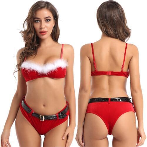 Womens Ladies Soft Velvet Christmas Lingerie Party Spaghetti Straps Bra Top Low Waist Thong Briefs Underwear with Waist Belts