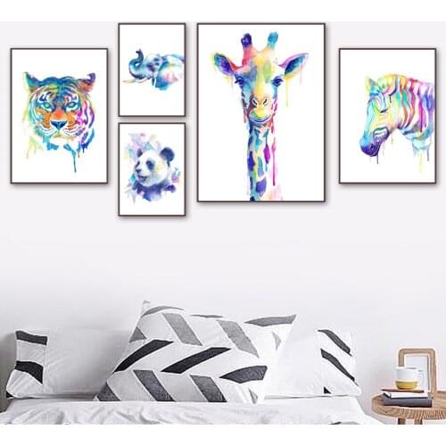 Color Tiger Elephant Giraffe Zebra Panda Nursery Wall Art Print Canvas Painting Nordic Poster Wall Pictures Baby Kids Room Decor