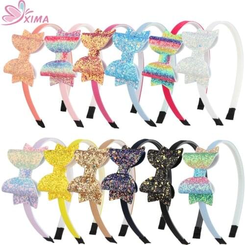XIMA 12pcs/lot 3inch Glitter Rainbow Hair Bows with Plastic Hairband Girls Party Headband Hair Hoops Kids Child Hair Accessories