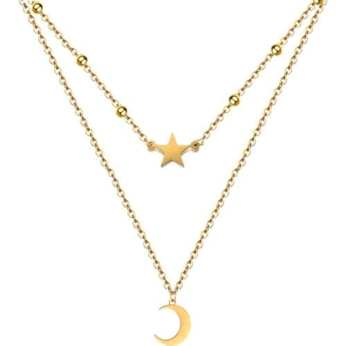 Double Layer Stainless Steel Moon Star Pendant Necklace For Women Girls Moon Choker Necklace Jewelry Mothers Day Best Gift