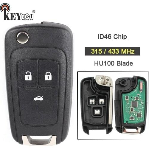 KEYECU 315/ 433MHz ID46 Chip Replacement Remote Car Key Fob 3 Button HU100 Blade for Chevrolet Malibu Cruze Aveo Spark Sail